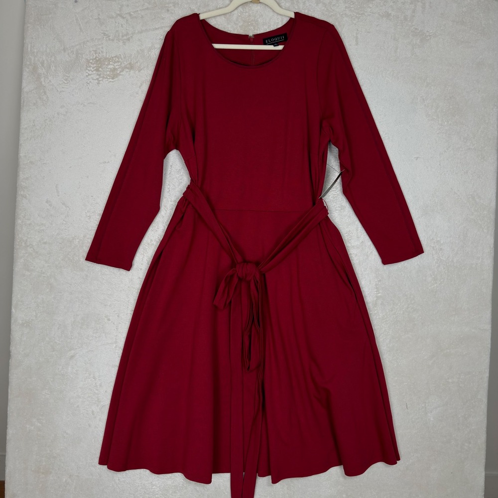 Eloquii Red Long Sleeve Fit and Flare Belted Dress Size 20 NWT Holiday Party